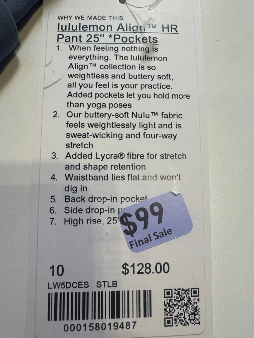 Lululemon NWT Align HR Pant with Pockets CLR: Steel Blue 25" length SZ: 10 - Picture 4 of 4